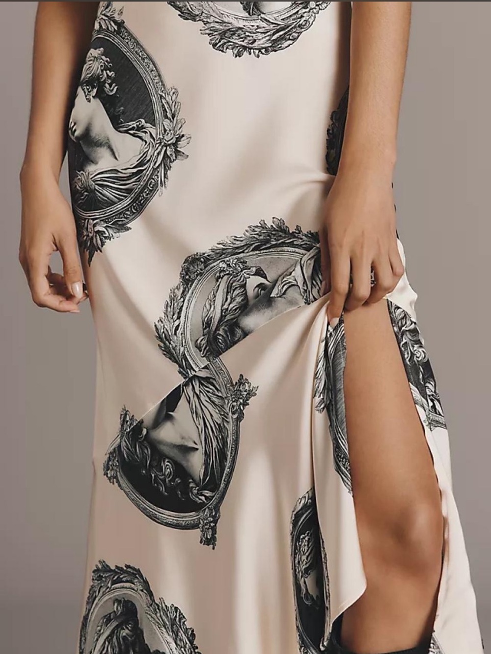 Silk-Feel Cream Maxi Dress with Black Cameo Print